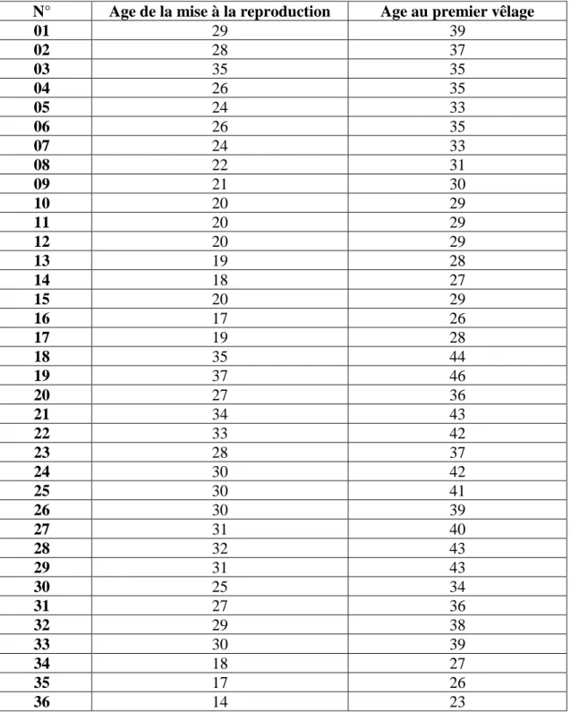 Tableau n°03 : Age de la mise à la reproduction et âge au premier vêlage. 