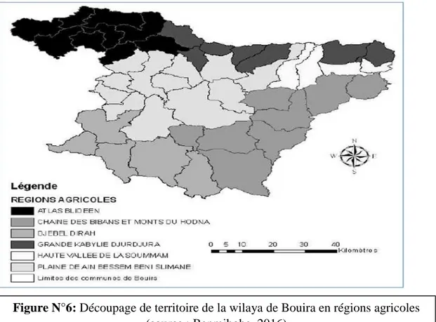Figure N°6: Découpage de territoire de la wilaya de Bouira en régions agricoles  (source : Benmihobe ,2016)  