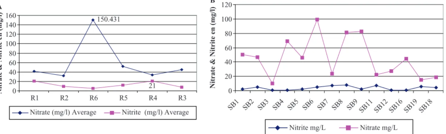 Fig. 5. Evolution of (nitrate and nitrite) of the different samples of wastewater (R i ) and ground waters (SB i ).