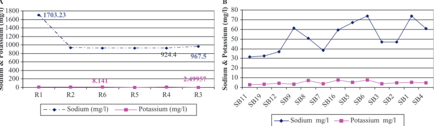 Fig. 7. Evolution of (sodium and potassium) of the different samples of wastewater (R i ) and ground waters (SB i ).