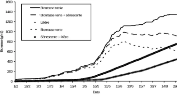 Figure 6 Simulation de la croissance pour la végétation du type B. Données météo 2004, Ercé. 