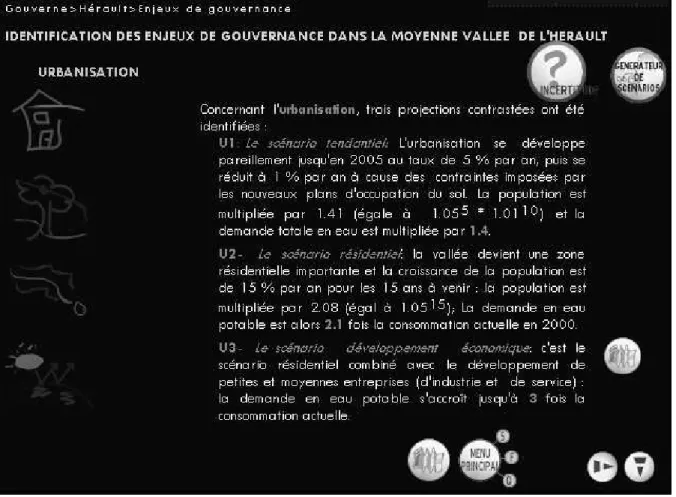 Figure 4. Module de choix des scénarios : présentation des enjeux de gouvernance.