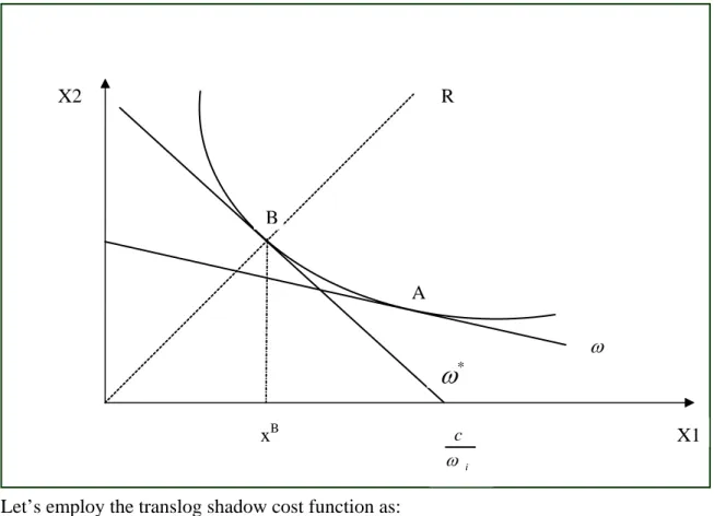 Figure 1 shows that farm B is technically efficient, but not allocatively efficient because the  ratio of inputs is optimal for shadow prices  ( )ω*  but not for actual prices ( )ω 