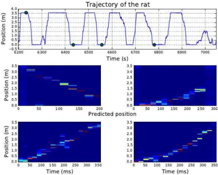 Figure 18: Top panel: Position of the rat along the track as a function of time. Middle and bottom panel: Prediction of the position of the rat according to maximum likelihood reconstruction