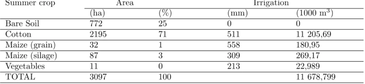 Tab. 1 – Observed crop pattern and net irrigation requirements for 1999.