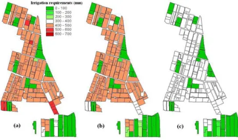 Fig. 8 – Mapping crop irrigation requirements for the average demand year adopting three irrigation scheduling scenarios : a) OY, without water restrictions, b) RES20, for 20 days minimum interval between irrigations, and c) STRESS, adopting a low irrigati
