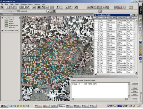 Fig. 3 – General view of the GISAREG application interface including the crops map and respective legend, the simulation table (ST) and the scenarios management window (below on right)