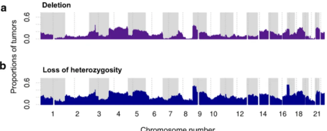 Fig. 2 Genome-wide overview of frequencies of copy-number loss and loss of heterozygosity across 74 gastric tumors