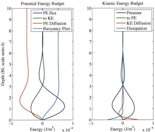 Figure  4:  All  terms  contributing  to the  kinetic  and  potential  energy  budgets of a  diffusive  boundary  layer  over  a  sloping  bottom