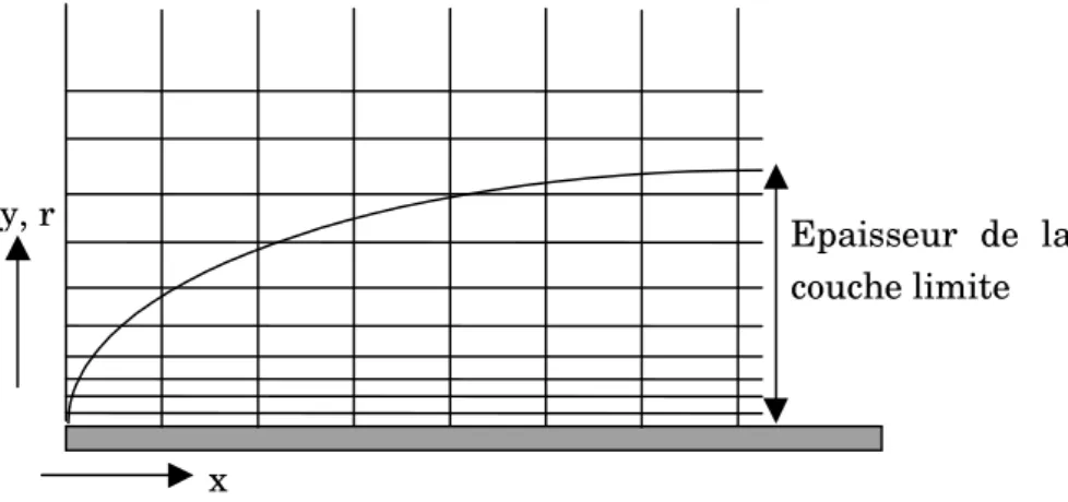 Figure 3.2: Illustration de la grille habituellement utilisée   pour un écoulement parabolique 2-D [73] 
