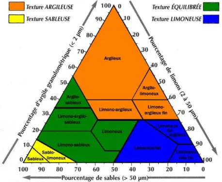 Fig. 2.1.1 – Triangle des textures du Soil survey Manual permettant de classer les sols selon leur granulométrie