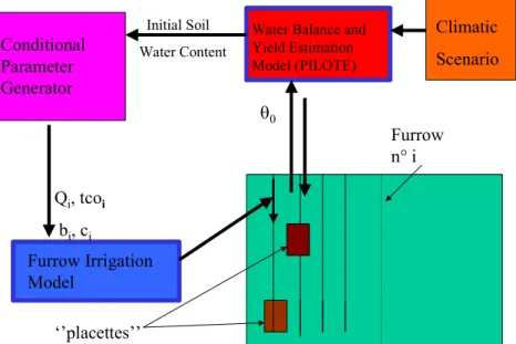 Figure 1. Représentation schématique de l’approche intégrée  Furrow Irrigation  ModelQi , tco ibi, ci Climatic ScenarioInitial Soil   Water ContentConditional Parameter GeneratorFurrown° iθ0