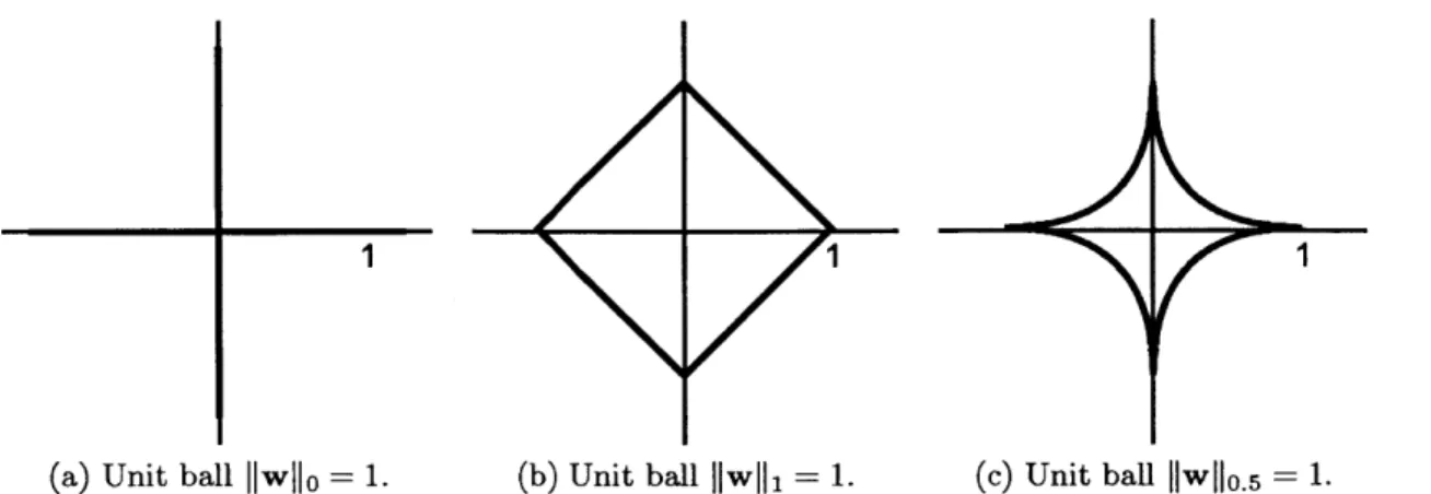 Figure  3.1:  Unit  balls  are  shown  in  two  dimensions  for  the  to,  f 1 ,  and  E, measures.