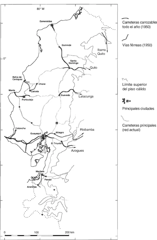 Figura A14: Mapa de infraestructura de comunicaciân en la regiân costera (1950) Fuente: Mapa vial deI Ecuador, IGM, 1950