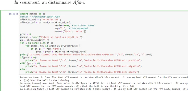 Figure 3.12 – Utilisation de la fonction qui fait la somme des polarit´ es des mots (´ emoticˆ ones inclus) et renvoie le classement du tweet.