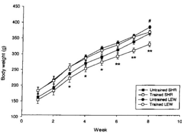 Figure 1 Body weight of untrained and trained Spontaneously Hypertensive Rats (SHR) and Lewis rats (LEW)