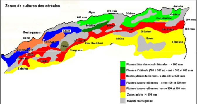 Figure 03: Carte représentant les zones céréalières de l'Algérie (Belaid, 1986) 