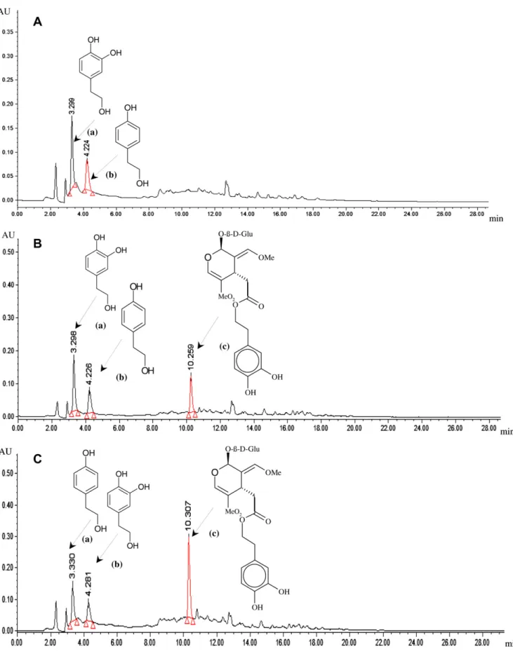 Fig. 6. HPLC-DAD chromatograms at 280 nm of methanolic extracts of VOO (A), VOO-CV (B) and VOO-US (C)