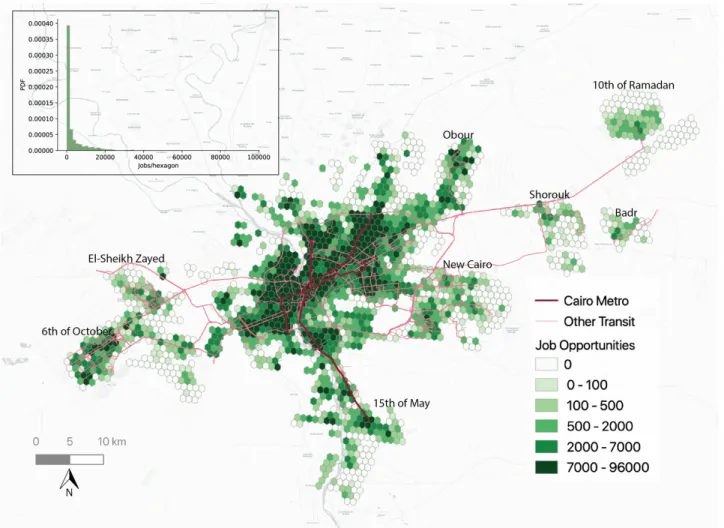 Figure 5. 2 Distribution of Job Density by H3 Hexagon. (Top Left) Histogram of the distribution number of jobs/ 