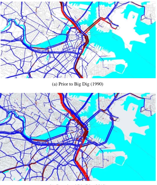 Figure 3.2: Modeled road flows before and after the Big Dig (Peralta-Quirós, 2013) 