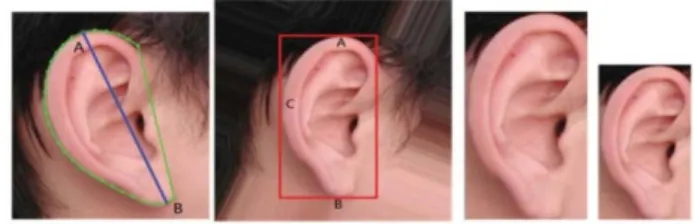 Fig. 2.  Example of ear normalization to standard size and direction [7]. (a)  long axis detection, (b) rotation, (d) cropping, and (e) resize