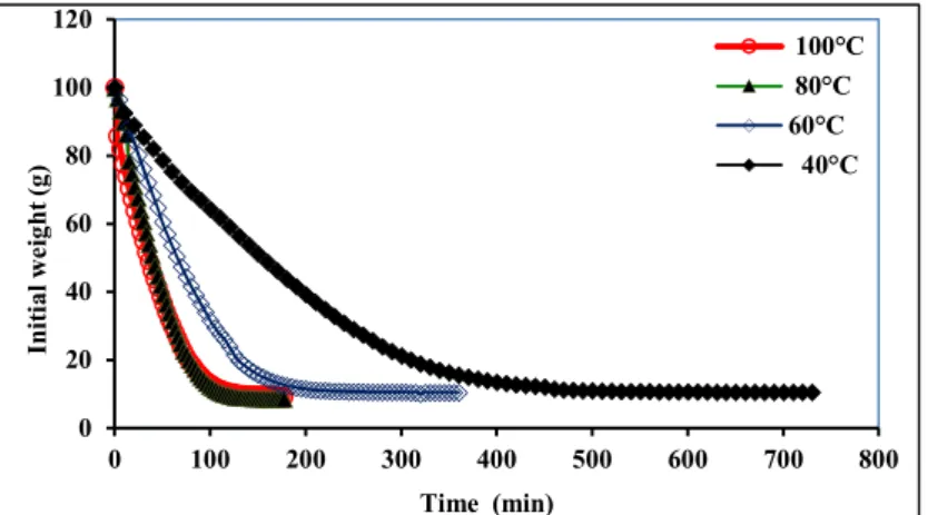 Figure 1. Drying kinetics and moisture loss of the ginger samples obtained at different  drying temperatures 0204060801001200100200300400 500 600 700 800Initial weight (g)Time  (min) 100°C 80°C60°C  40°C