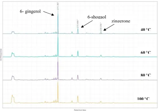 Figure 2. HPLC chromatograms of 6-gingerol, 6- shogaol and zingerone of the four ginger  powders obtained at different drying temperatures 