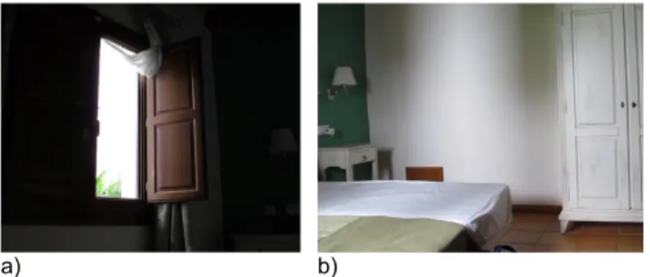 Figure 1. a) Light enters the room via an open window. b) On the wall opposite the window, we can see a projected pattern of light and shadow