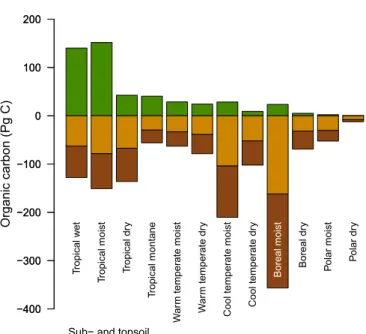 Fig. 1. Organic carbon stocks in subsoil (brown) and topsoil (orange), and in aboveground and belowground phytomass (green)