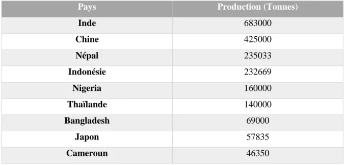 Tableau II : Dix principaux pays producteurs de gingembre du monde (Jyotsna et al, 2017)