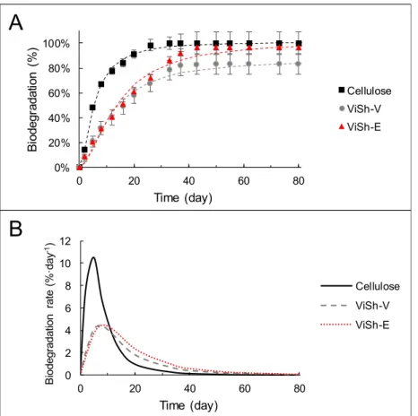 Figure 3. Kinetic of biodegradation (A) and biodegradation rate (B) of ViSh-fillers in soil