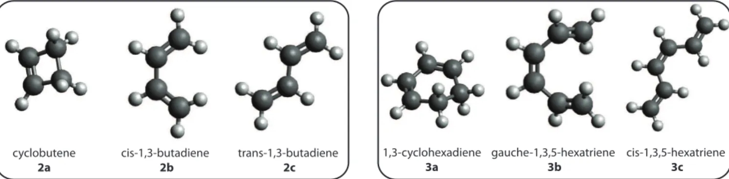 Figure 2: Cyclobutene, 2a-c, and 1,3-cyclohexadiene, 3a-c isomers studied in this work