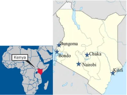 Figure 1. Map of the agroecological zones where the commercial mycorrhizal inoculants were evaluated (i.e., Bungoma, Bondo, and Chuka) and where the clay and sandy soils used in greenhouse experiments were collected (i.e., Chuka and Kilifi).