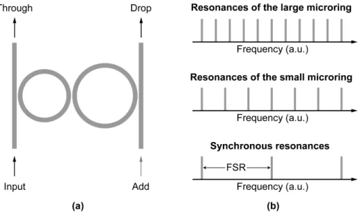 Fig. 2.7  (a) Schematic of a second-order microring-filter employing the Vernier effect