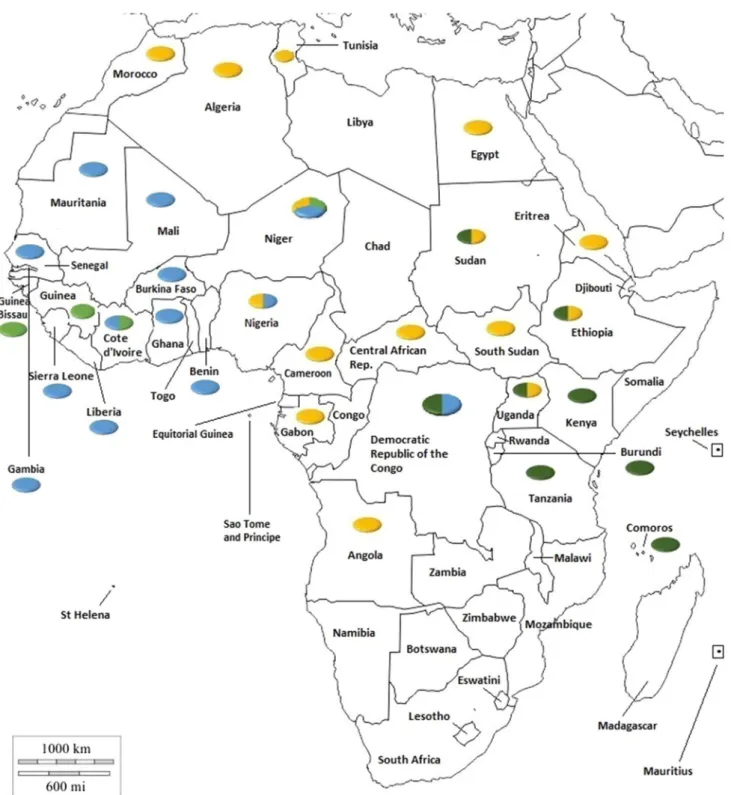 Fig. 1    Distribution of PPRV lineages in Africa. Colours in the circles indicate the viral lineages reported in the country: lineage 1, light green; 