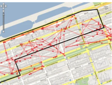 Figure 1: GSM Localization Errors. Raw location sam- sam-ples are in red and the true driving path is in black.
