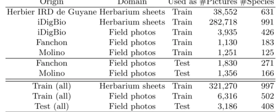 Table 1: Details of the PlantCLEF 2020 dataset according to the origin of the pictures and their domain (herbarium sheets or field photos).
