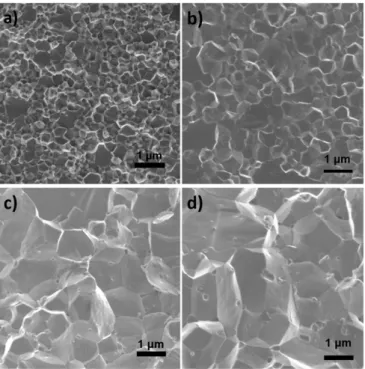 Fig. 2. SEM images of Nb 0.95 Ti 0.05 FeSb hot pressed at (A) 1,123 K, (B) 1,173 K, (C) 1,273 K, and (D) 1,373 K.