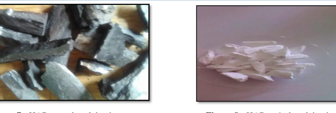 Figure 7 : HAP avant la calcination                                     Figure 8 : HAP après la calcination    Les morceaux d’os ont été broyés à l’aide d’un mortier et un pilon pour casser les gros os,  La  poudre  blanche  finale  a  été  tamisée  par  l