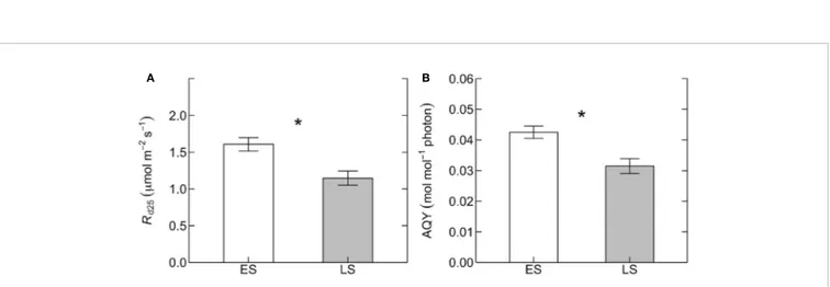 FIGURE 2 | (A) Leaf dark respiration measured at 25 ˚ C (R d25 , µmol m -2 s -1 ) and (B) apparent quantum yield of photosynthesis (AQY, mol mol -1 photon) for early- early-successional (ES, white) and late-early-successional (LS, gray) tree species in Nyu