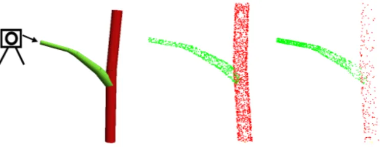 Fig. 3. Simulation of the effect of distance from the scanner position. From left to right: the original model along with camera position, using γ(d i ) = 1 (uniform point sampling), and γ(d i ) = d 2 i .