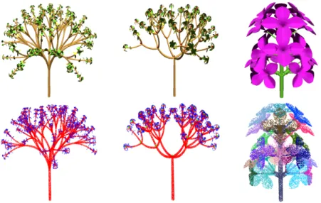 Fig. 7. Some examples of artificial plant models (top row), and the corresponding labelled point cloud data (bottom row)