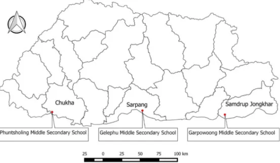 Figure 1. Map of Bhutan showing the location of three schools in which the study was conducted (Bhutan is located between China in the north and India in the south, east, and west)