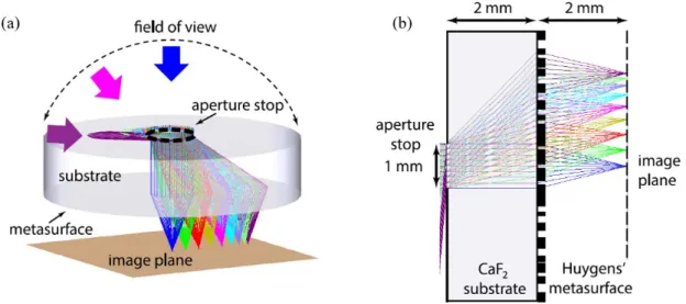Figure 3-10: Schematic illustration of WFOV metalens design. (a) 3D-view. (b) Side view