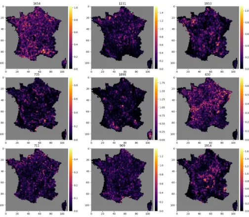Fig 11. Activations maps that do not highlight a particular geographical shape. Example of 9 activation maps, for 9 different neurons, among the 2048 neurons of the final layer of the CNN-SDM that do not highlight a particular geographical shape
