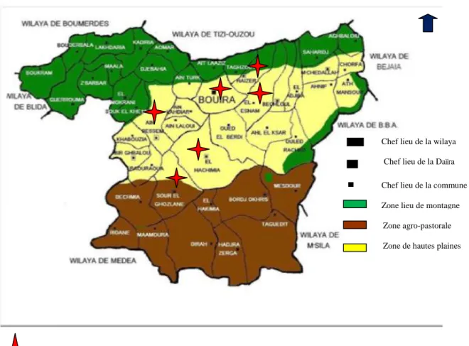 Figure  01:  Carte  administrative  de  la  région  de  Bouira  avec  représentation  des                     différents sites (CERU, 2013)