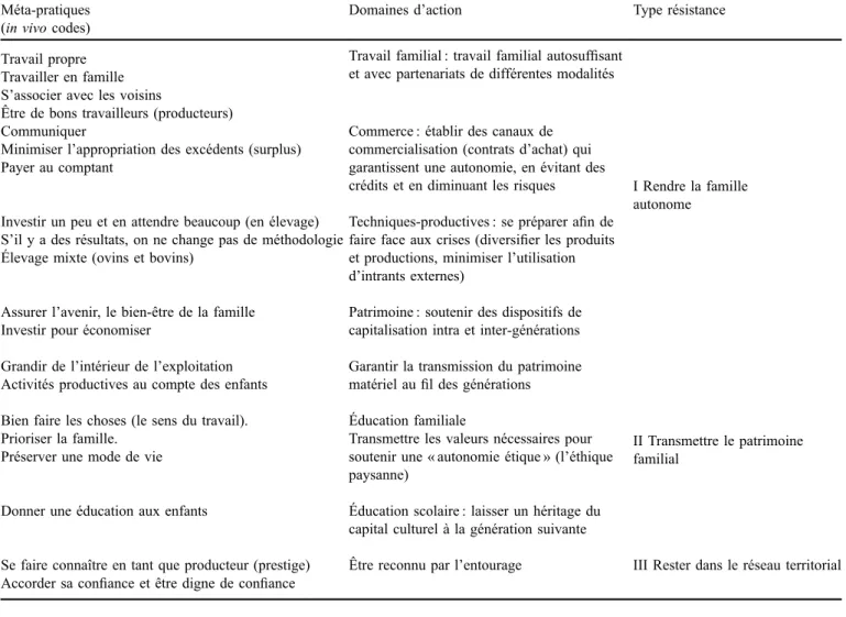 Tableau 2. Méta-pratiques, domaines d’action et types de stratégies de résistance des agriculteurs familiaux.