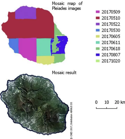 Fig. 7. ; Mosaic composition map and ﬁnal harmonized Pl eiades mosaic for 2017.