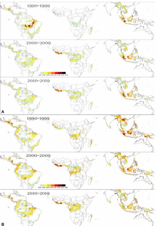 Fig. 5. Hot spots of deforestation and degradation. Evolution of total deforested (A) and degraded (B) areas (per box of 1° latitude by 1° longitude size; scale in million  hectares) within the labeled time intervals (1990–1999, 2000–2009, and 2010–2019).