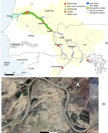 Figure 1. Senegal River Basin and Valley with the Podor basin in red square (a); Google Earth image  of the Podor basin of 12 September 2019 (b)